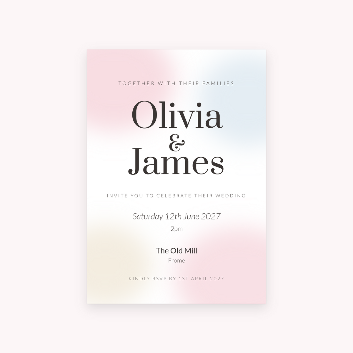 Wash invitation, shown with the sample names Olivia & James