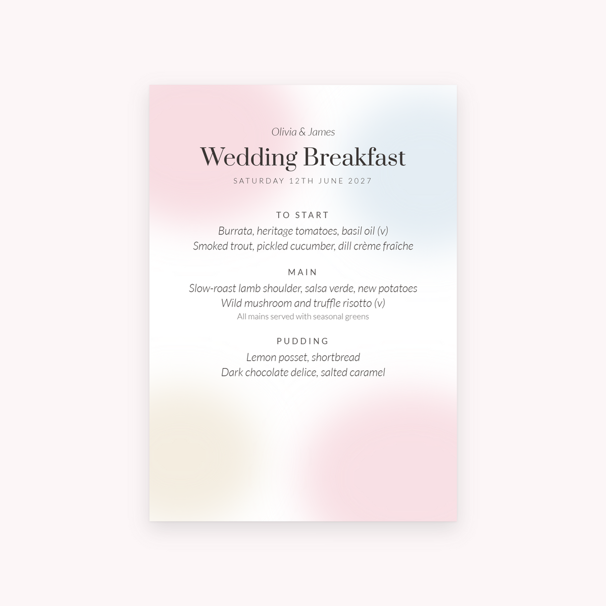 Wash menu, shown with the sample names Olivia & James