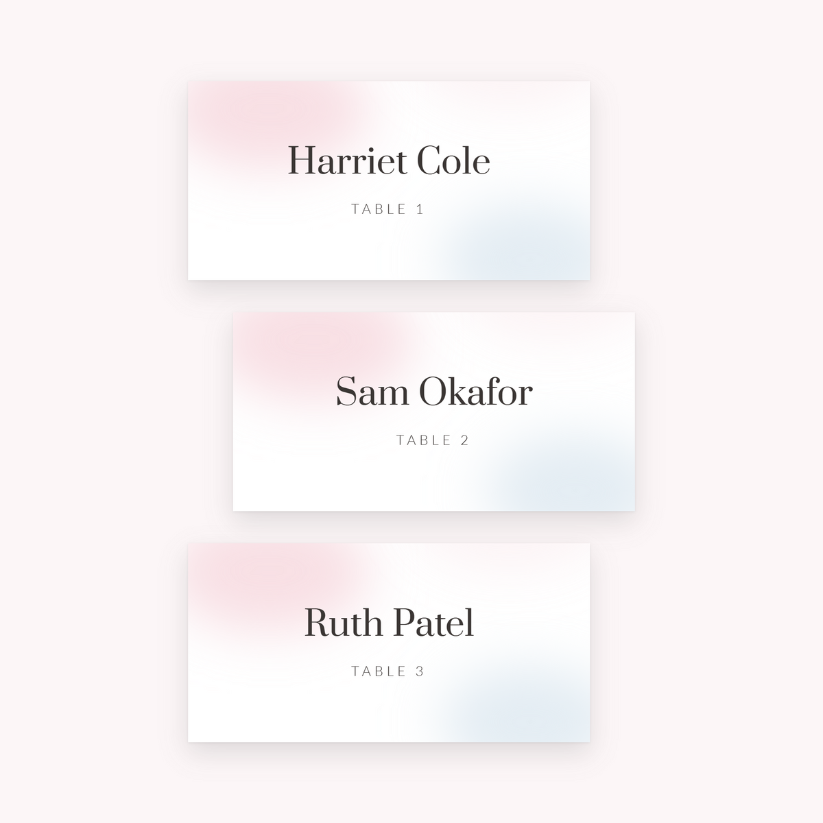 Wash place cards, shown with the sample names Olivia & James