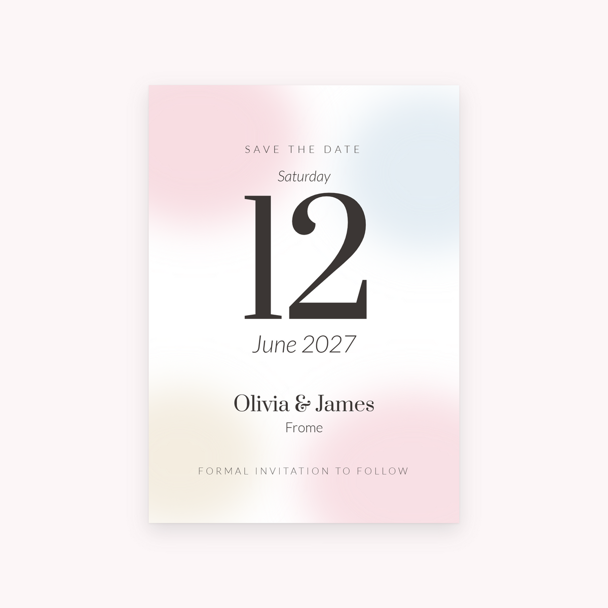 Wash save the date, shown with the sample names Olivia & James