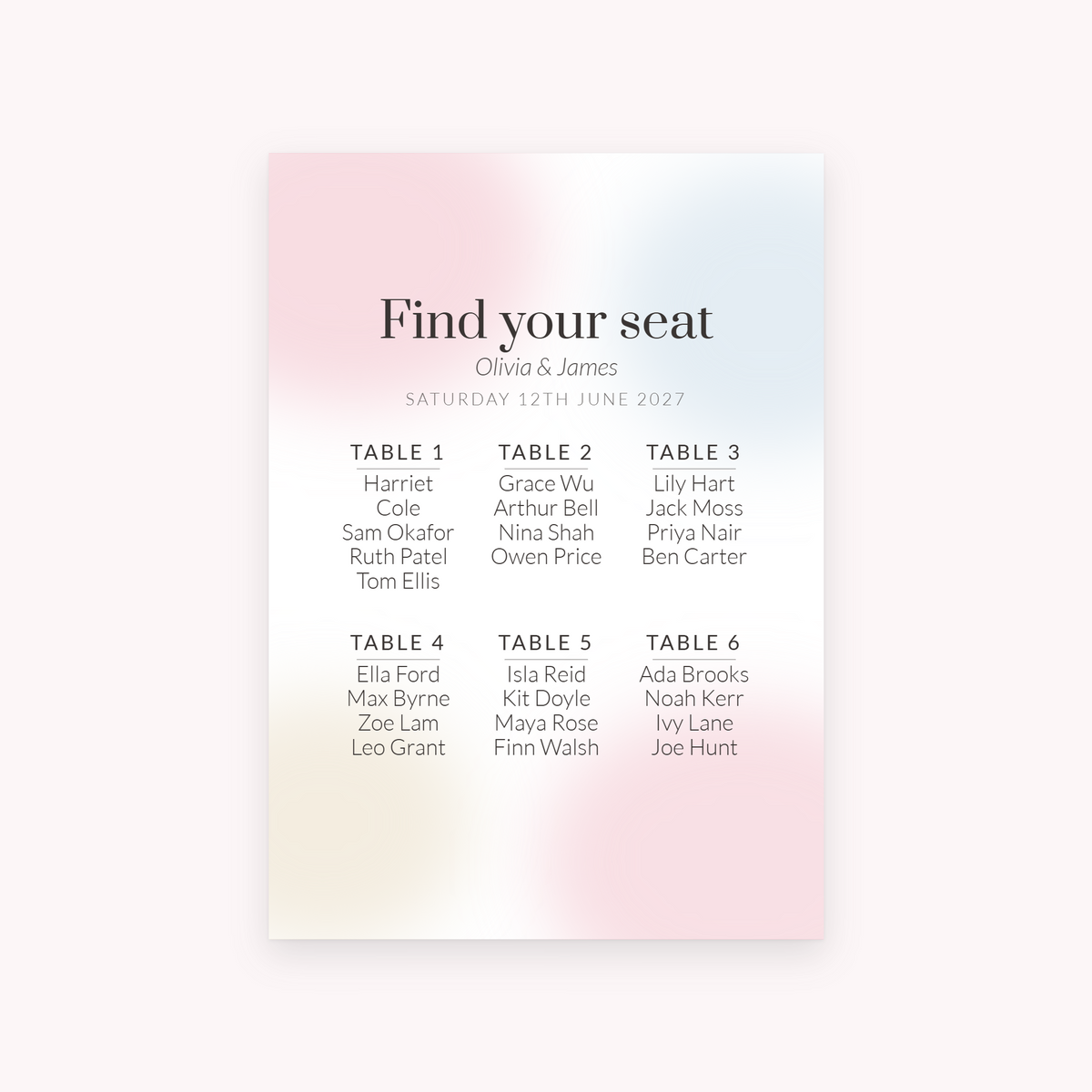 Wash seating plan, shown with the sample names Olivia & James